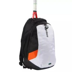 Prince Tour Evo Backpack (White,Black,Orange) -Tennipro Store front angled prince evo backpack wht org blk